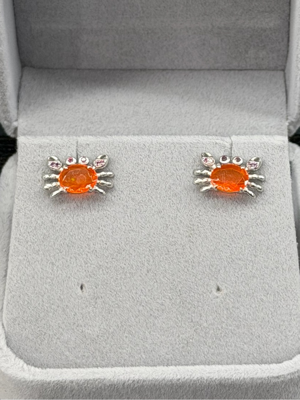 Stunning Natural Orange Fire Opal 8x6mm Crab 925 Sterling Silver Earrings - Picture 2 of 11